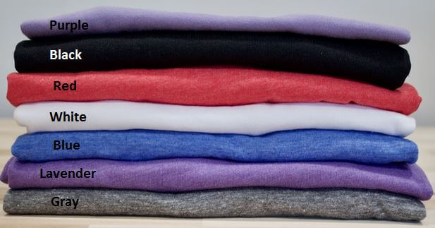 Shirt Colors - purple, black, red, white, blue, lavender, gray